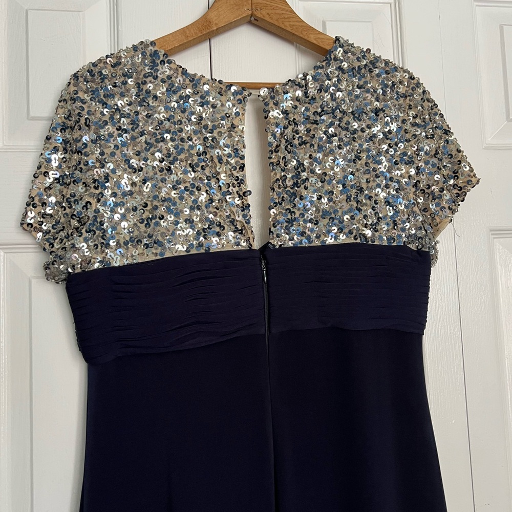 JS Boutique Navy Gown with Silver Sequin Cap Sleeves - Picture 2 of 15